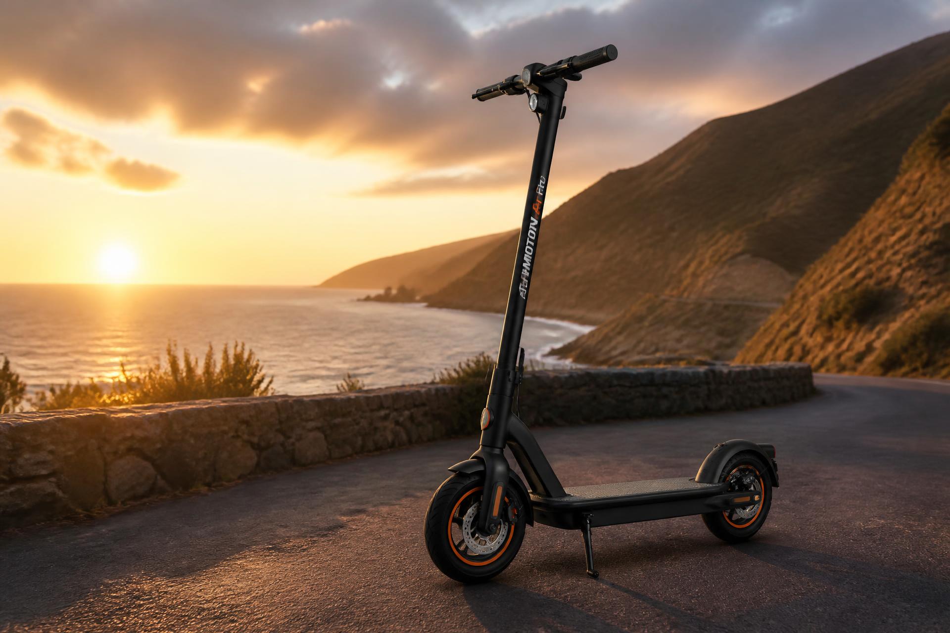 Rider on premium electric scooter along Melkbosstrand coast at golden hour